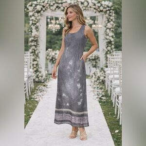 Vintage Helene Blake Gray Crinkle Floral Sleeveless Maxi Dress Size Medium